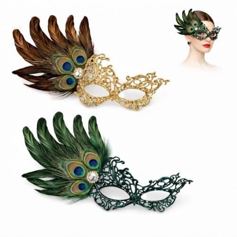 7940 2 Pcs Lace Masquerade Mask Peacock Feather 1920s Venetian Rhinestone
